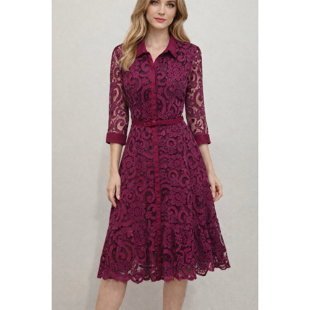 Nanette Lepore Magenta Lace Shirt Dress with Belt Elegant Feminine Style 8